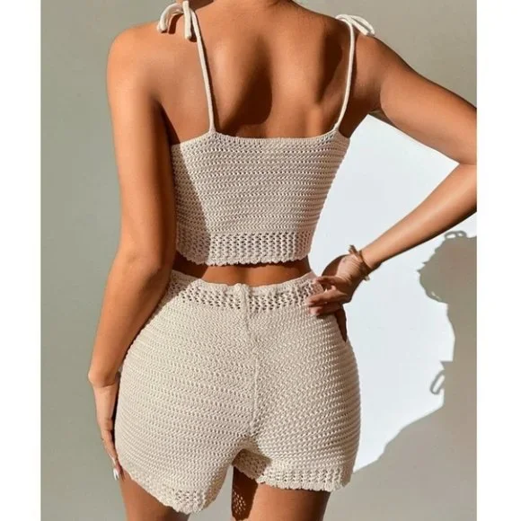 2 piece set Lace Up detailed Cami Knit Crochet Top & Drawstring Waist Sh… - Picture 3 of 8